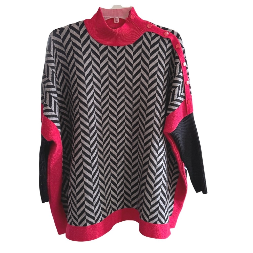 Joseph A Chevron Poncho Sweater Womens M Red Black Mock Neck Artsy Maximalism